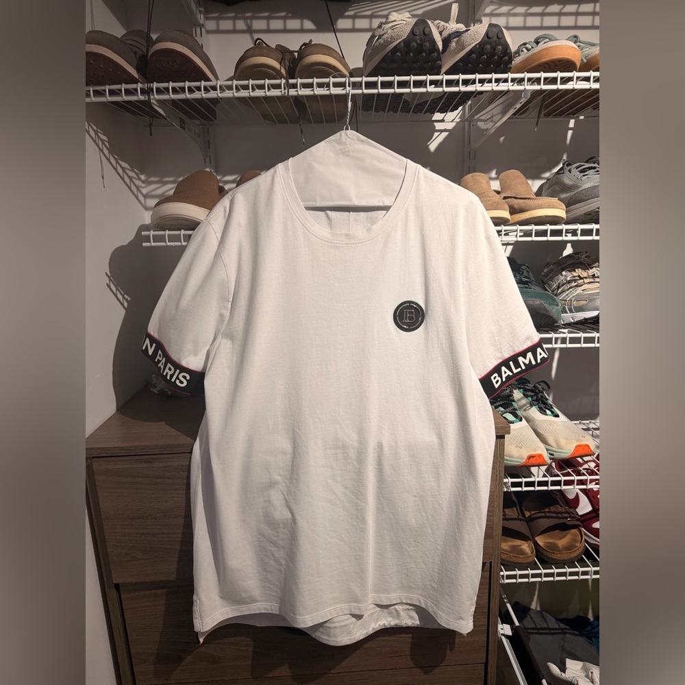 NWT Balmain White Tee with Black and Red Accents